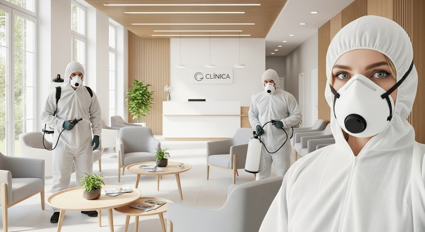 Equipe profissional de dedetização em clínica